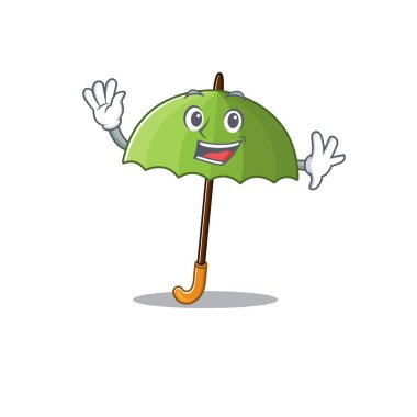 Gülen yeşil şemsiye, el sallayan maskot tasarımı.