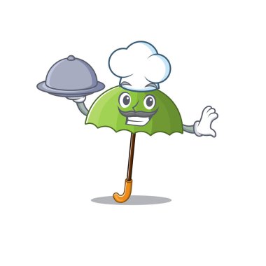 Şef çizgi film karakteri olarak yeşil şemsiye tepside yemek