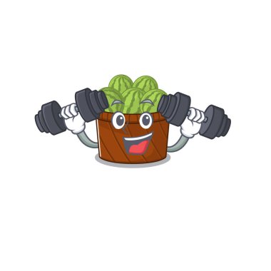 Smiley Fitness egzersiz karpuz meyve sepeti çizgi film karakteri halterleri kaldırıyor