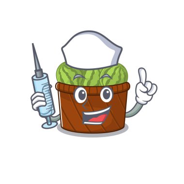 Karpuz meyve sepetinin dost canlısı hemşiresi elinde şırınga tutuyor.