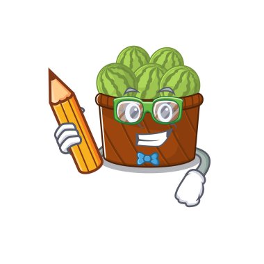 Kalem ve gözlüklü akıllı bir karpuz meyve sepeti karakteri.