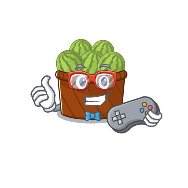 Karpuz meyve sepeti maskotu tasarım tarzında kontrollü havalı bir oyuncu.