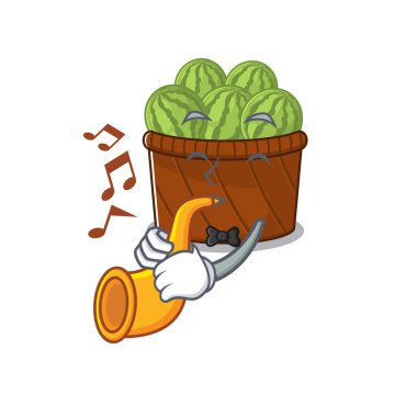 Karpuz sepeti çizgi film karakteri tasarımı trompet çalıyor.