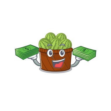 Mutlu yüz karpuz meyve sepeti karakteri. Elinde para var.