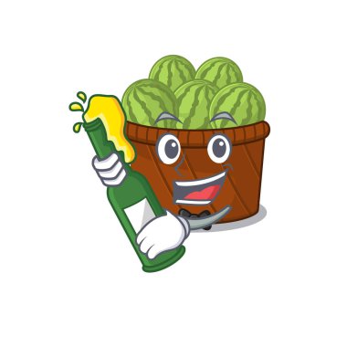 Karpuz meyve sepeti, bira şişesi maskot stili.