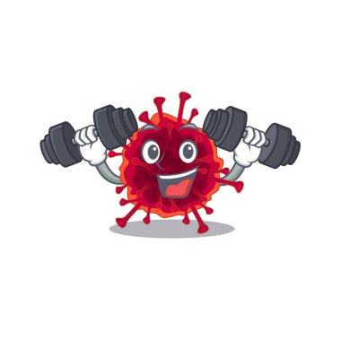 Smiley Fitness egzersizi. Pedacovirüs çizgi film karakteri. Halter kaldırıyor.