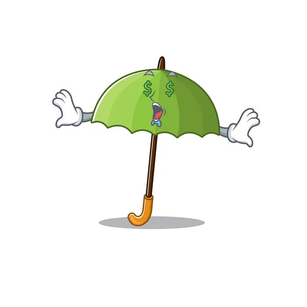 Paraguas verde rico con el estilo del personaje de la mascota del ojo del dinero — Archivo Imágenes Vectoriales