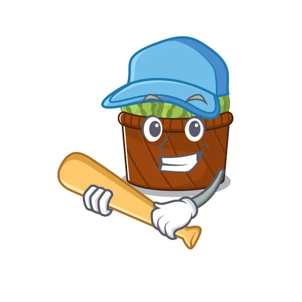 Style de conception de mascotte de panier de fruits de pastèque avec bâton de baseball — Image vectorielle