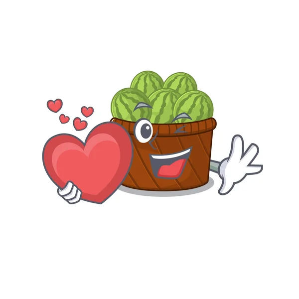 A romantic cartoon design of watermelon fruit basket holding heart — Stock Vector