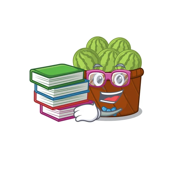 Un estudiante diligente en el diseño de la mascota cesta de fruta de sandía con libro — Vector de stock