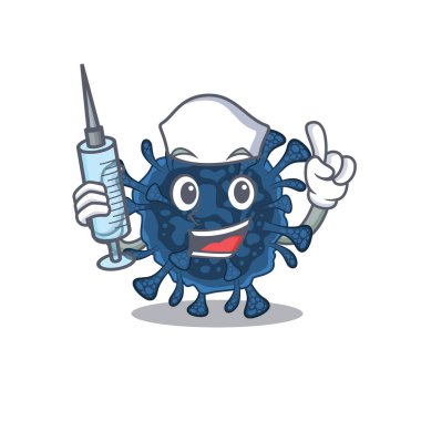 Decacovirus maskot tasarımının dost canlısı hemşiresi elinde şırınga tutuyor.