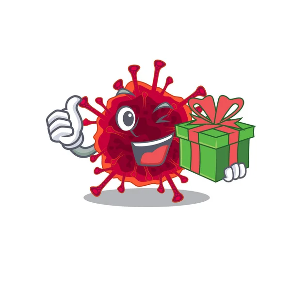 Smiley pedacovirus cartoon character having a gift box — Stock Vector