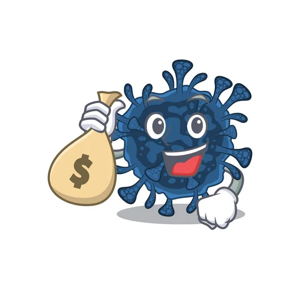 Smiley rich decacovirus cartoon character bring money bags — Stock Vector