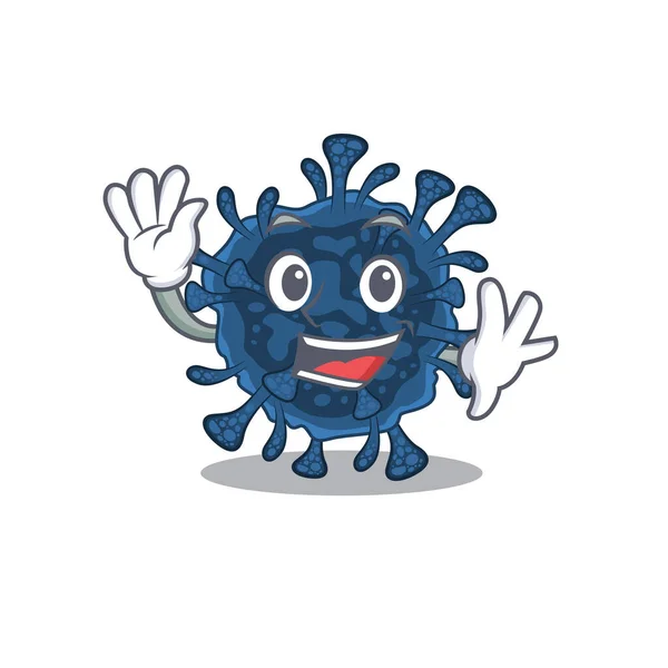 Smiley decacovirus cartoon mascot design with waving hand — Stock Vector