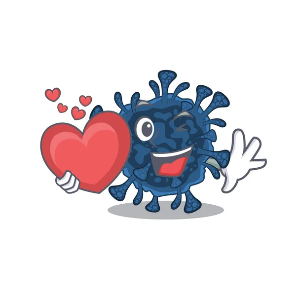 A romantic cartoon design of decacovirus holding heart — Stock Vector