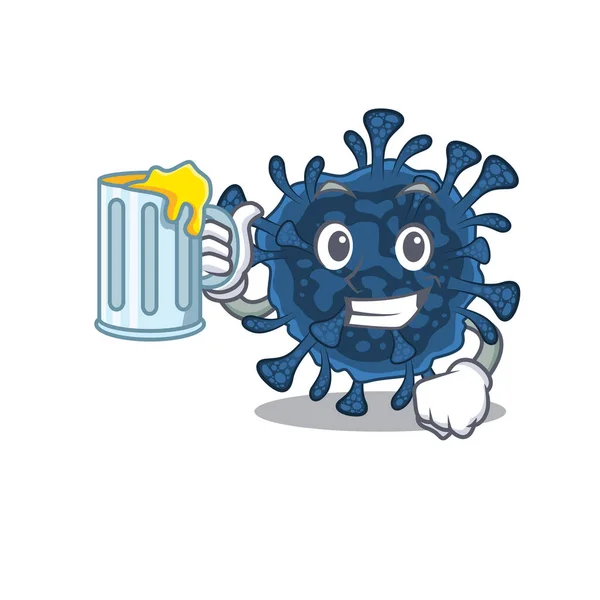 Cheerful decacovirus mascot design with a glass of beer — Stock Vector