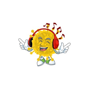 Koronavirüs salgınının maskot tasarımı müzikten keyif alıyor.
