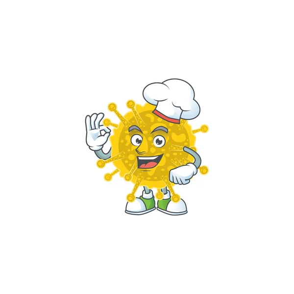 Uma foto de personagem de desenho animado pandêmico coronavírus vestindo chapéu de chef branco — Vetor de Stock