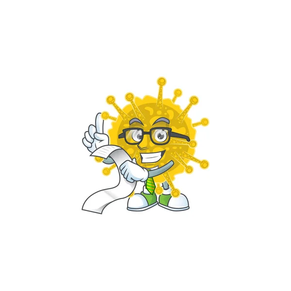 Χαρακτήρας κινουμένων σχεδίων του coronavirus πανδημία κρατώντας μενού στο χέρι του — Διανυσματικό Αρχείο