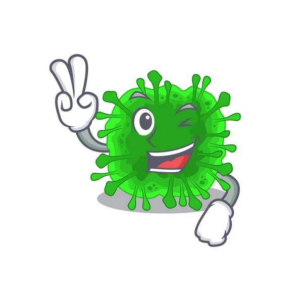 Cheerful minunacovirus mascot design with two fingers — Stock Vector