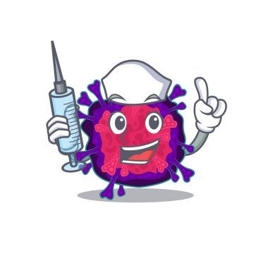 Nyctacovirus maskot tasarımının dost canlısı hemşiresi elinde şırınga tutuyor.