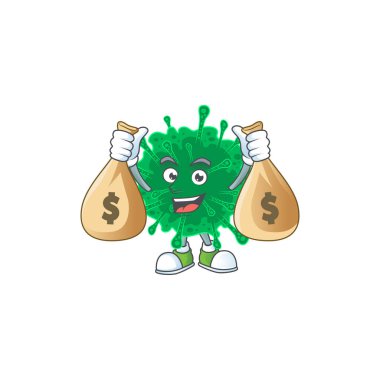 Mutlu zengin koronavirüs zatürree maskot tasarımı para çantaları taşır