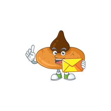 Şirin bir yüz, öpücük kurabiyeleri maskot tasarımı bir zarf tutuyor.