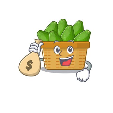 Gülen zengin avokado meyve sepeti çizgi film karakteri para torbaları getir.