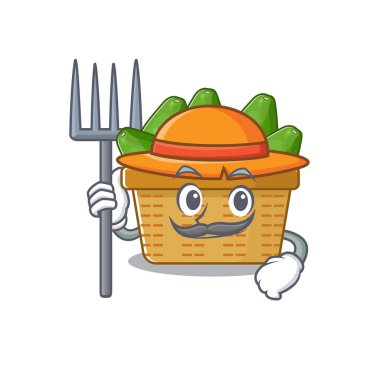 Çiftçi çizgi filminde şapkası ve yabası olan Avokado meyve sepeti.