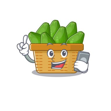 Avokado meyve sepetinin maskot tasarımı telefonda konuşuyor.