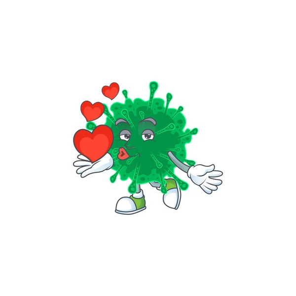 Un romántico personaje de dibujos animados de la neumonía coronavirus con un corazón — Archivo Imágenes Vectoriales