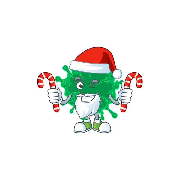 Friendly coronavirus pneumonia in Santa Cartoon character with candies — Stock Vector