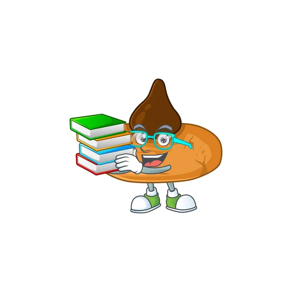 Un estudiante trabajador en el diseño de dibujos animados de galletas de beso con libro — Vector de stock