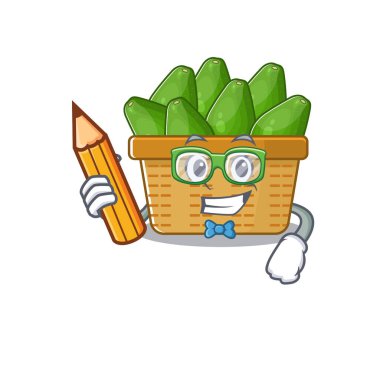 Akıllı bir öğrenci avokado meyve sepeti karakteri, kalem ve gözlüklü.