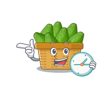 Neşeli avokado sepeti çizgi film karakteri tarzı saat.