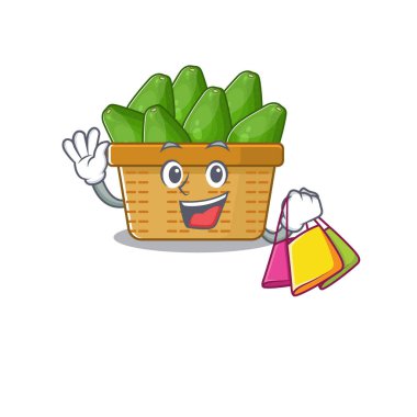 Mutlu avokado meyve sepeti maskotu tasarımı el sallıyor ve alışveriş torbası tutuyor.