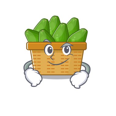 Komik avokado meyve sepeti maskotu karakteri kendine güvenini gösteriyor.