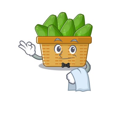 Garson olarak çalışan avokado meyve sepeti çizgi film karakteri.