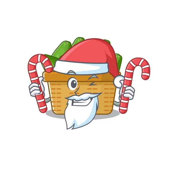 Panier de fruits à l'avocat sympathique dans Santa personnage de bande dessinée ayant des bonbons — Image vectorielle