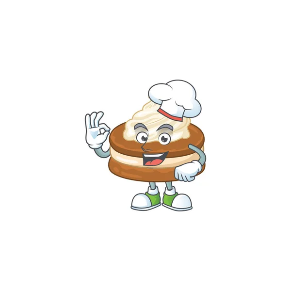 Una foto di bianco crema alfajor personaggio dei cartoni animati indossando cappello da chef bianco — Vettoriale Stock