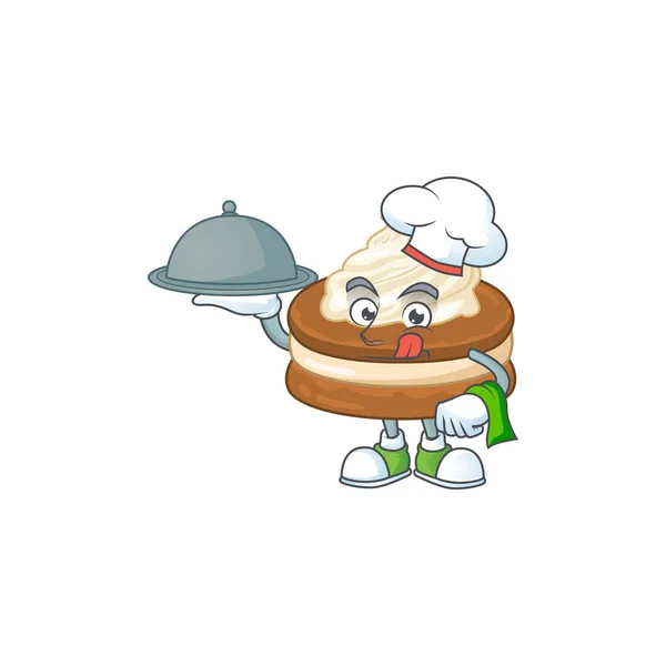 Chef personaje de dibujos animados de crema blanca alfajor con comida en bandeja — Vector de stock