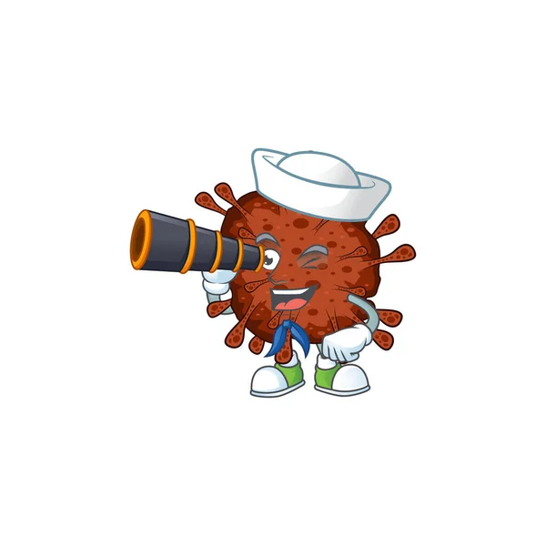 Инфекционный коронавирус в дизайне персонажей Сейлор мультфильма с биноклем — стоковый вектор