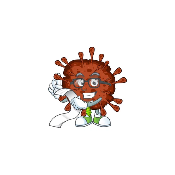 Cartoon character of infection coronavirus holding menu on his hand — Stock Vector
