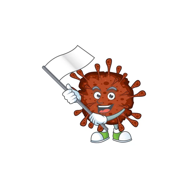 Vatansever bir enfeksiyon Coronavirus maskotu tasarımı ayakta duran bir bayrak taşıyor. — Stok Vektör