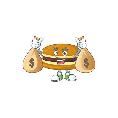 Mutlu zengin dorayaki maskotu tasarımı para çantaları taşıyor. Vektör illüstrasyonu