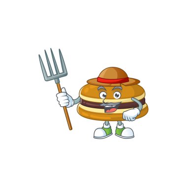 Çiftçi maskotu dizaynı şapkası ve yabası olan Dorayaki. Vektör illüstrasyonu