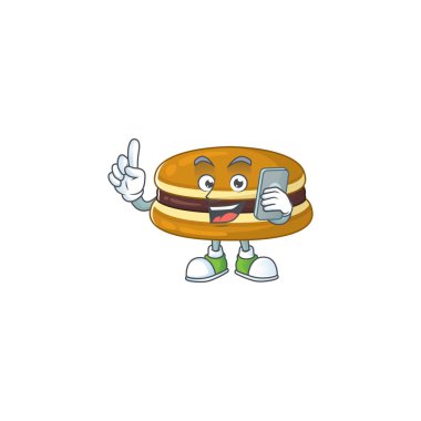 Telefonda konuşan tatlı bir dorayaki çizgi film tasarımı. Vektör illüstrasyonu