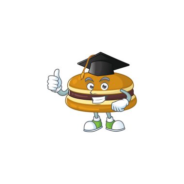 Dorayaki 'nin siyah mezuniyet şapkalı mutlu yüzü. Vektör illüstrasyonu