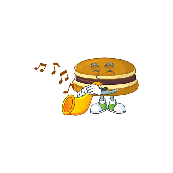 Dorayaki Stripfiguur Speelt Muziek Met Een Trompet Vectorillustratie — Stockvector