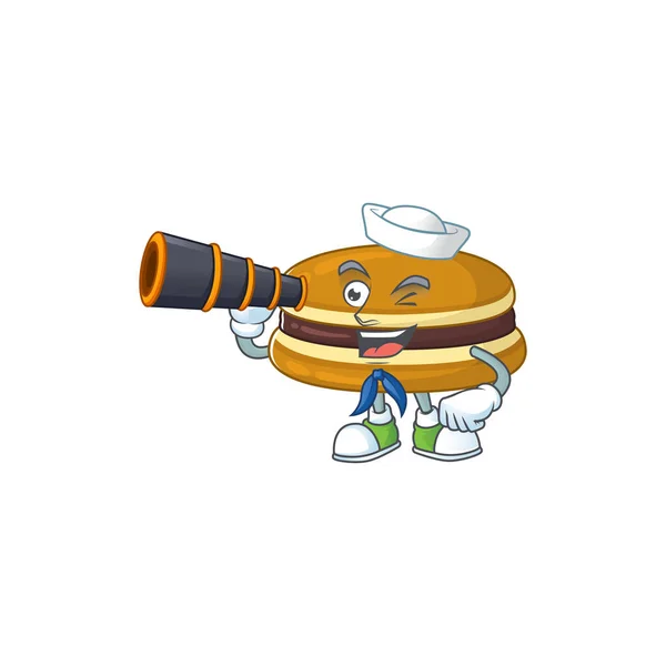 Dorayaki Diseño Personajes Dibujos Animados Sailor Con Binocular Ilustración Vectorial — Vector de stock